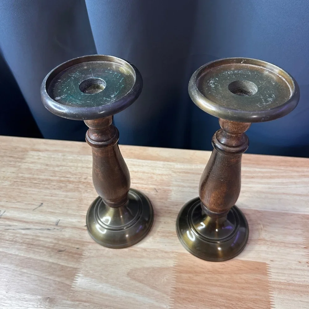 Vintage Wood and Brass Pillar Candle Holders Set of 2 Turned Dark Brown 9.5in